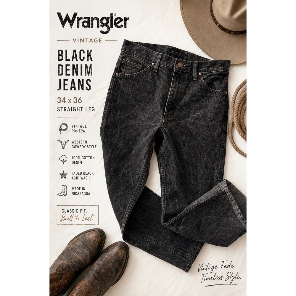 Vintage Wrangler Black Acid Wash Jeans 34x36 Western Cowboy 90s USA Style Rodeo